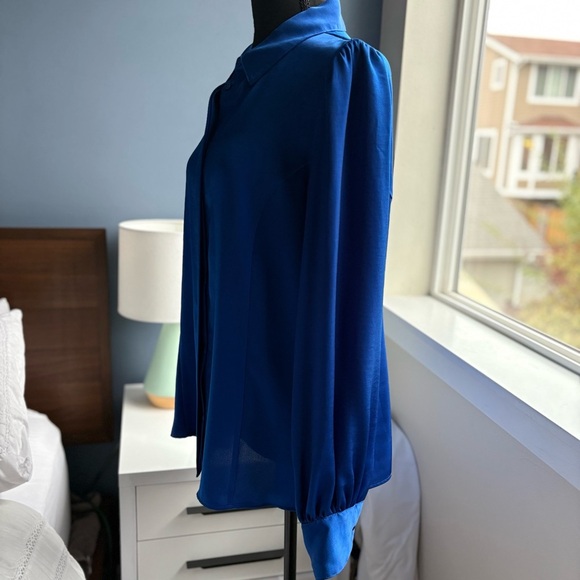 DKNY Blue Satin Button Down Hidden Button Long Sleeve Shirt - Office Siren - Picture 11 of 17